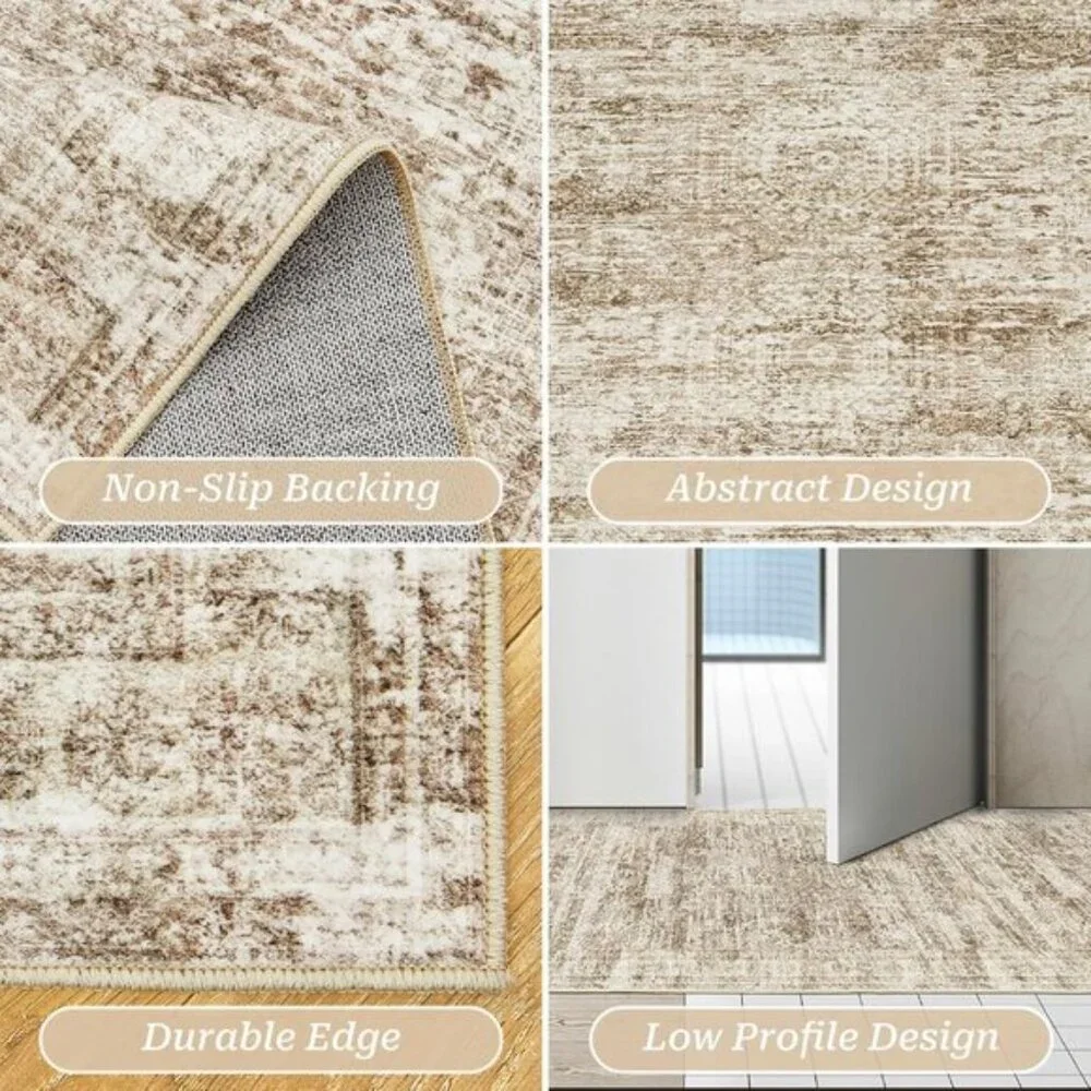 2.5x8ft Non-Slip Kitchen Runner Rug, Washable Low Pile Vintage Rug, Brown/Ivory